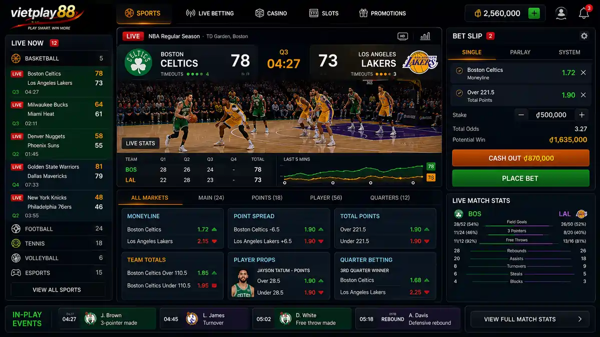 Live basketball betting interface displaying a live game, changing odds, player statistics, Cash Out option, and in-play betting markets.