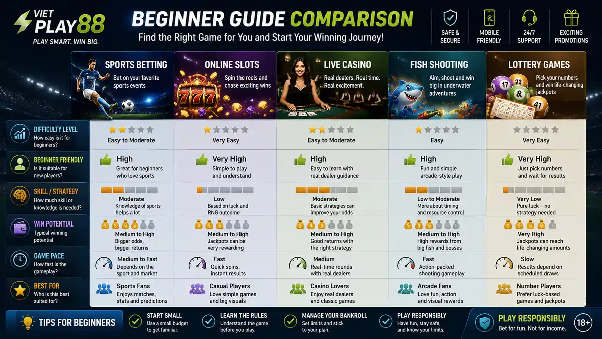 Comparison infographic showing difficulty levels and beginner suitability across Sports Betting, Online Slots, Live Casino, Fish Shooting, and Lottery Games.