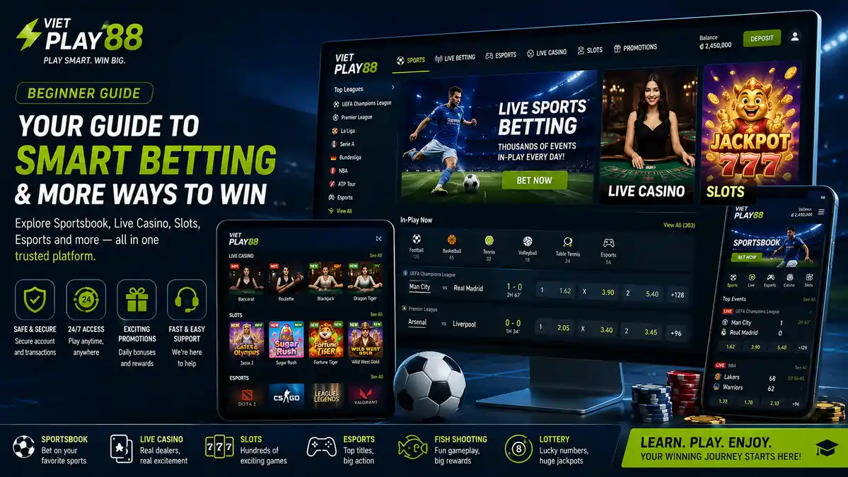 Modern online betting platform displayed on desktop, tablet, and smartphone showing sportsbook, live casino, slots, esports, and user dashboard for beginners.