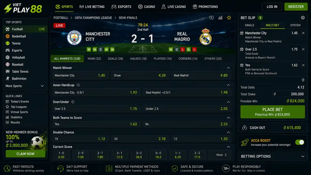 Betting interface displaying Decimal Odds, Match Winner, Handicap, Over/Under, Cash Out, Bet Slip, and Accumulator selections.