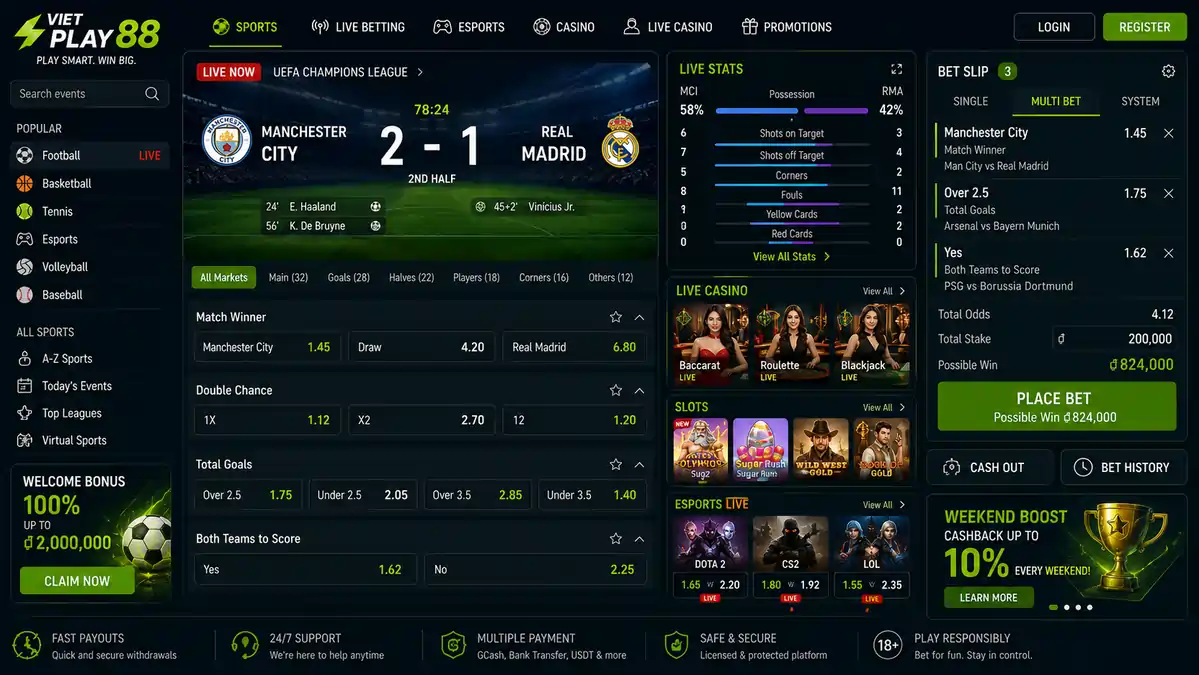 Modern sportsbook and online casino interface displaying football betting, live casino, slots, esports, betting odds, live statistics, and betting slip in one responsive dashboard.