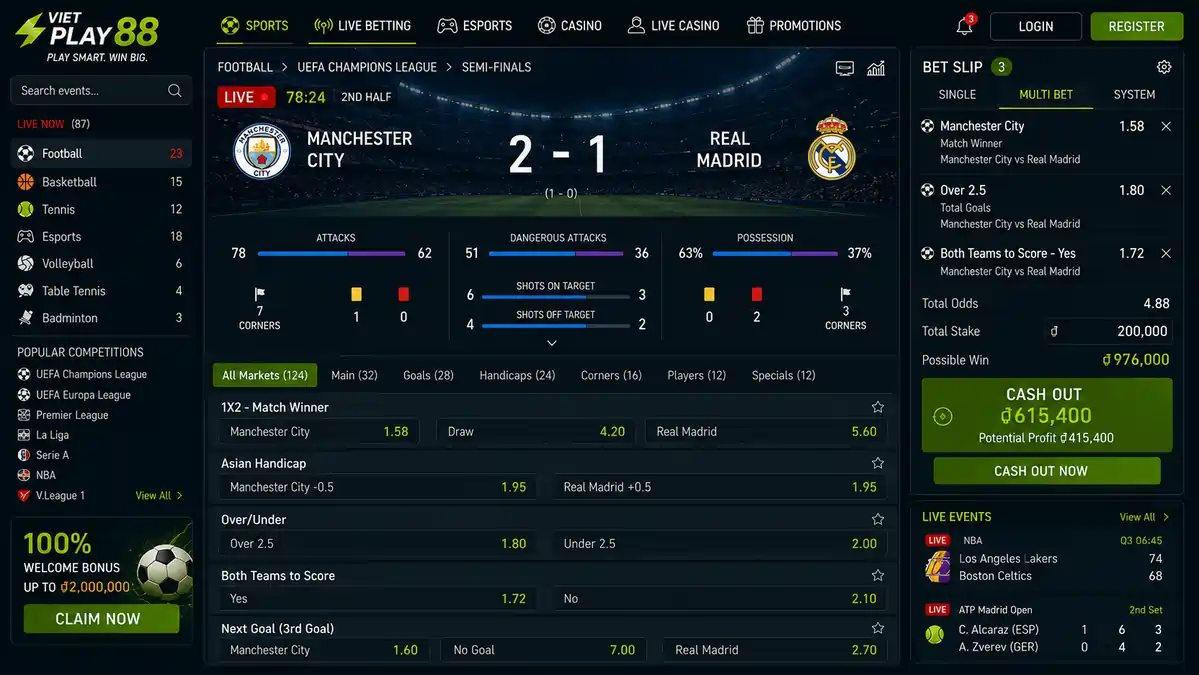 Live betting interface displaying changing odds, live match statistics, Cash Out option, betting slip, and in-play betting markets.