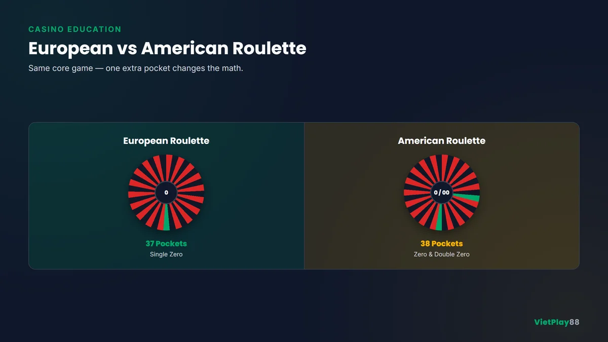 European and American roulette wheels compared side by side showing single zero and double zero layouts
