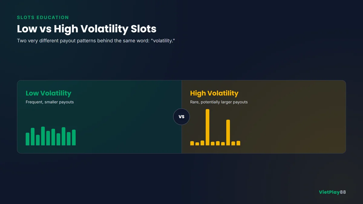 Infographic so sánh slot độ biến động thấp và cao với tần suất trả thưởng và mức thắng tiềm năng
