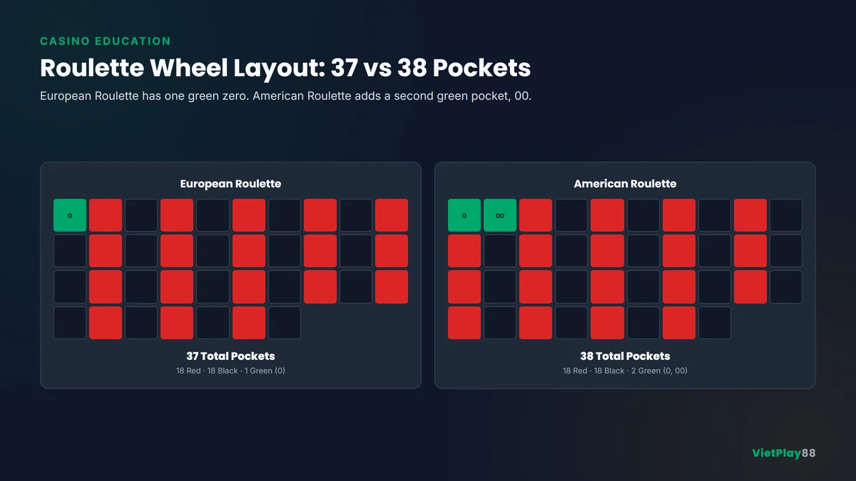 Roulette wheel layout comparison showing 37 pockets in European Roulette and 38 pockets in American Roulette