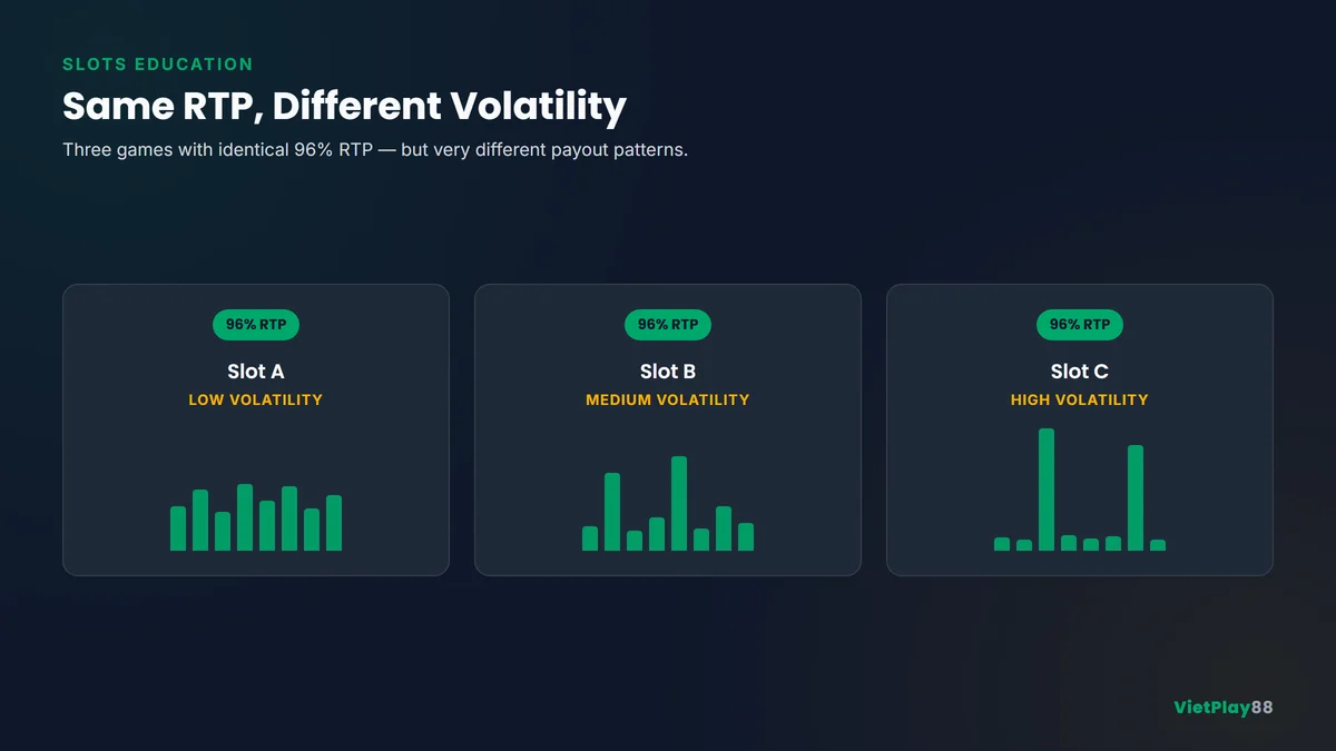 Comparison of low medium and high volatility slot games that each have 96 percent RTP