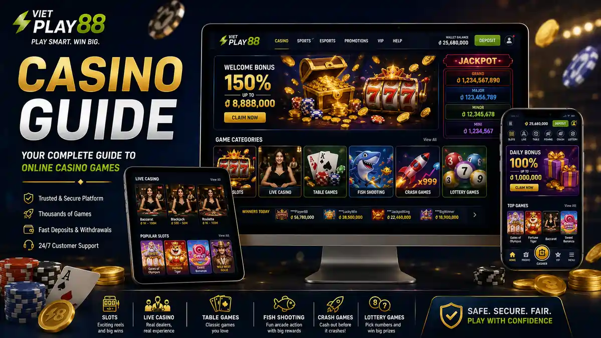 Modern online casino platform displayed on desktop, tablet, and smartphone showing online slots, live casino, table games, fish shooting, crash games, wallet balance, and responsive casino dashboard.