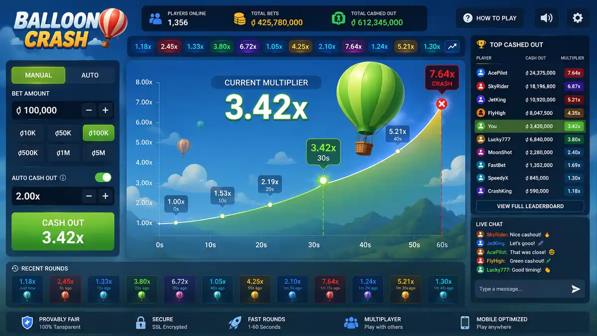 Balloon-themed Crash Game showing an inflating balloon and multiplier indicator.