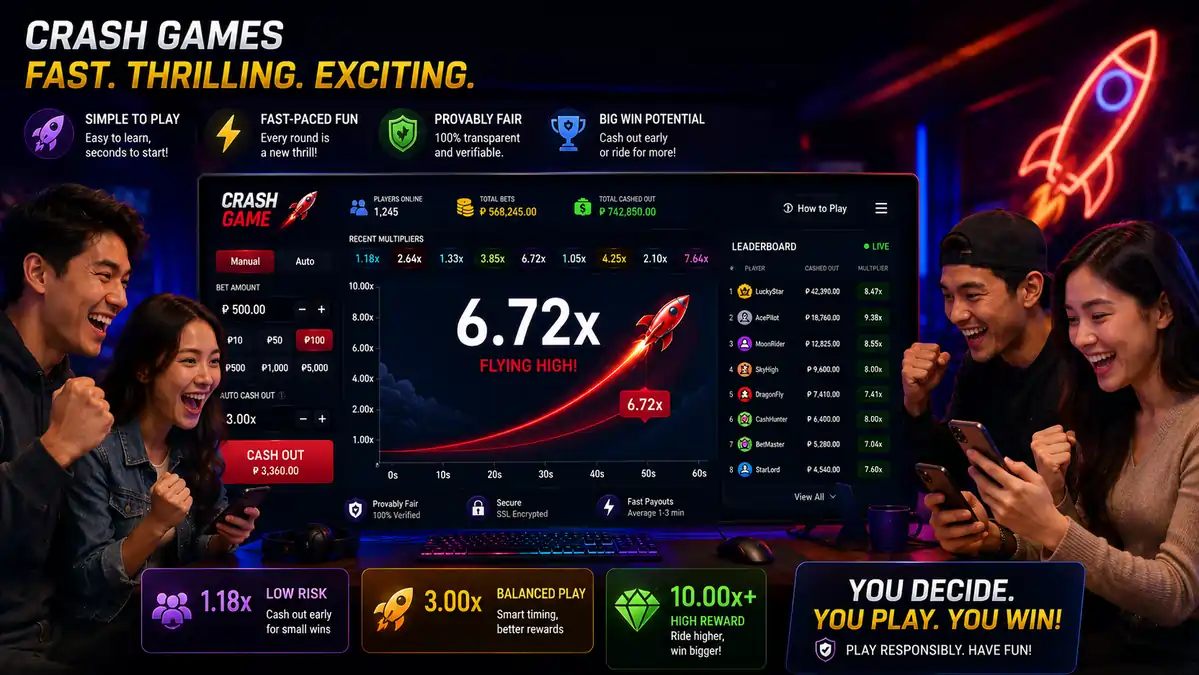 Players enjoying a modern Crash Game with live multiplier and leaderboard displayed.