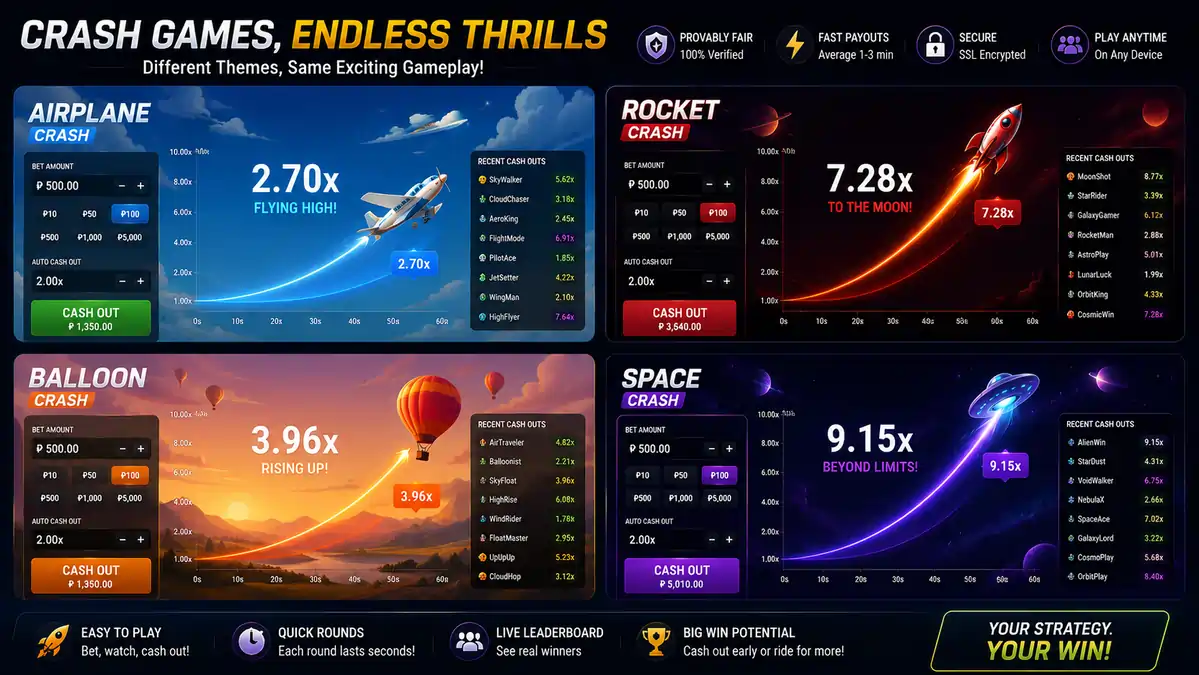 Collection of different Crash Game themes including airplane, rocket, balloon, and space.