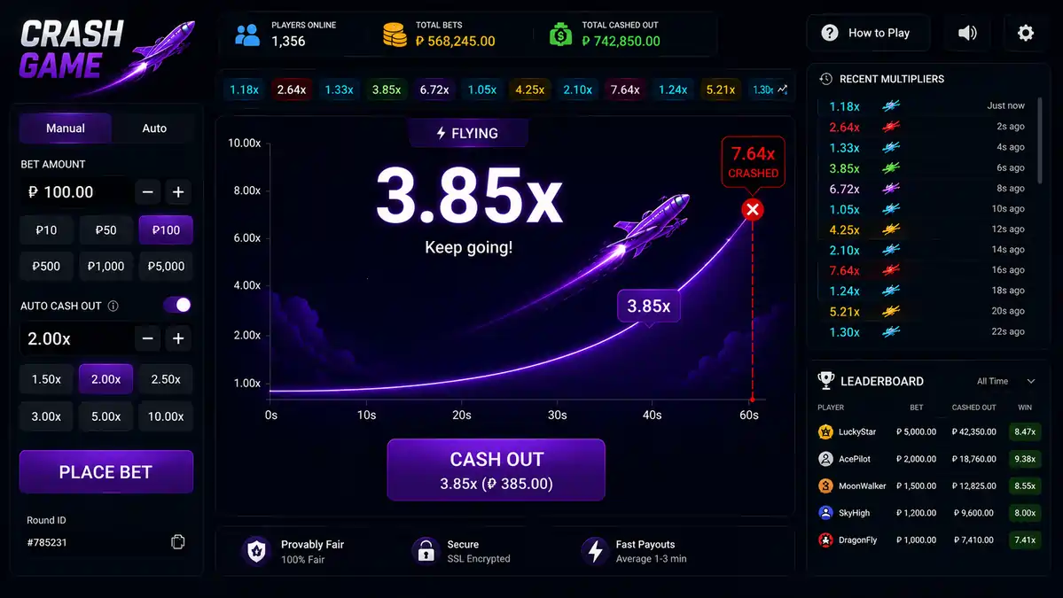 Crash Game interface displaying recent multiplier history beside the current game.