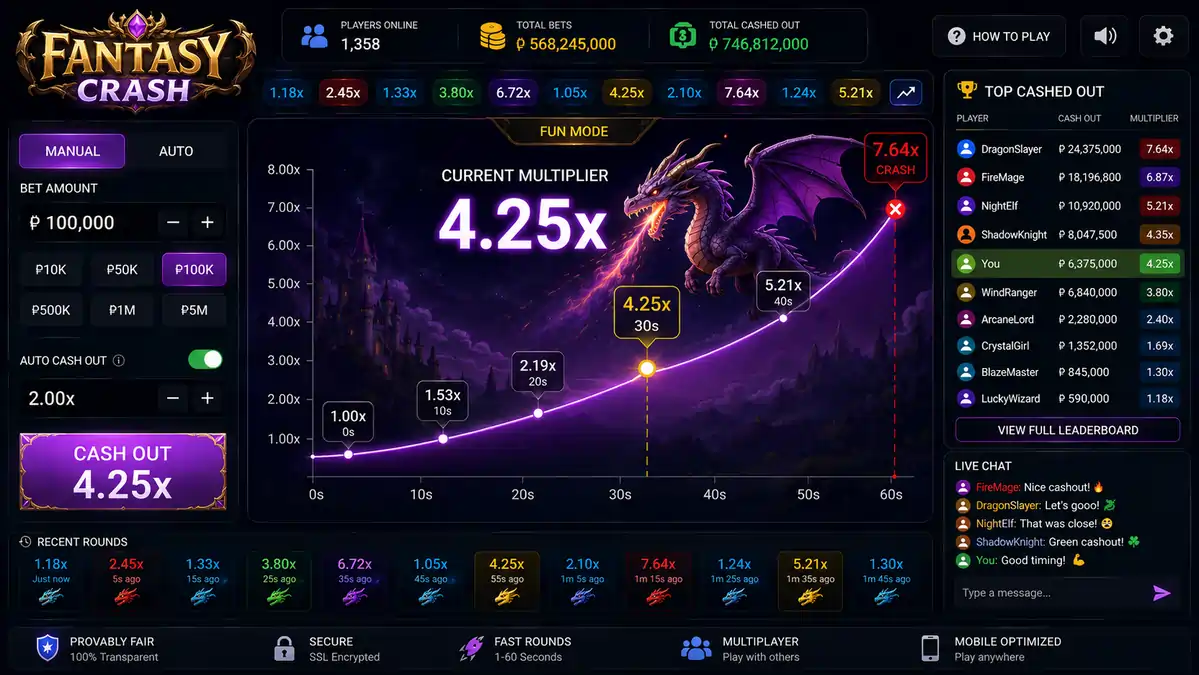 Fantasy-themed Crash Game featuring a magical dragon and multiplier interface.