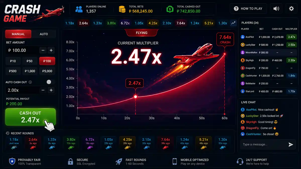 Player pressing the Cash Out button during an active Crash Game round.