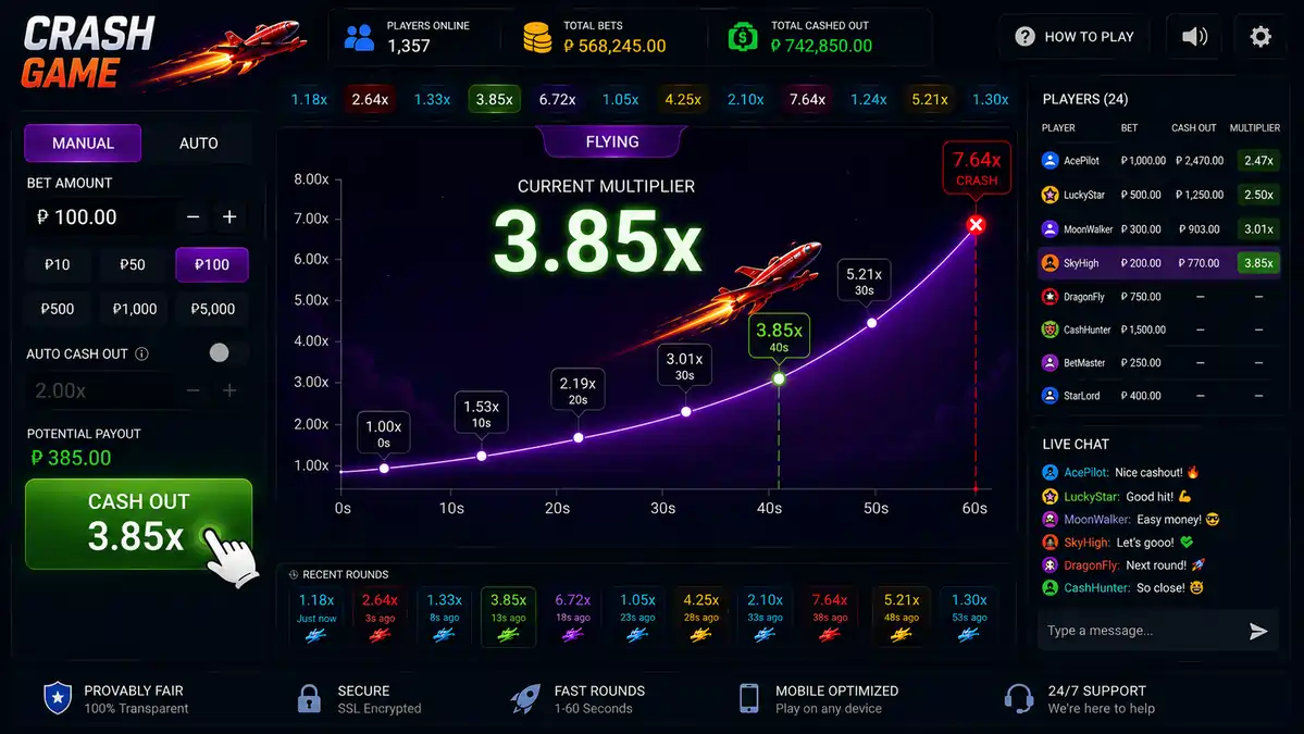 Player pressing the Cash Out button while the Crash Game multiplier reaches 3.85x.