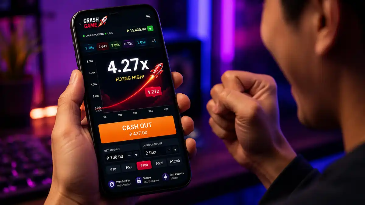 Player enjoying a Crash Game on a smartphone with a rising multiplier and Cash Out button.