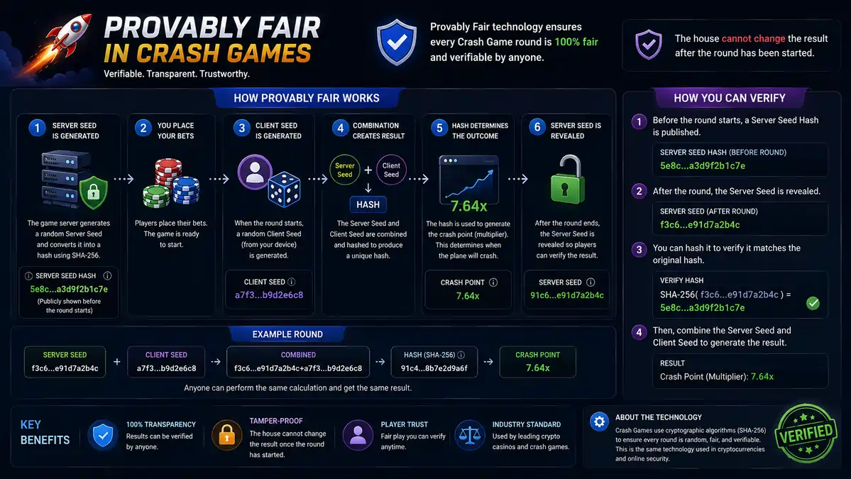 Diagram illustrating how Provably Fair technology generates and verifies Crash Game results.
