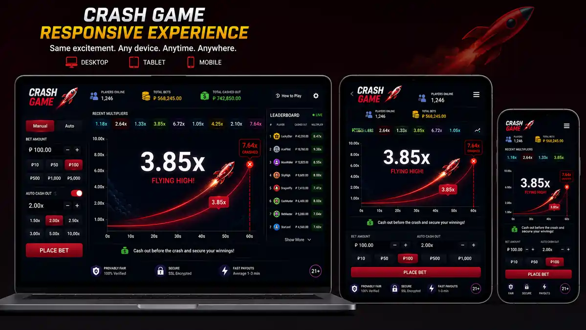 Crash Game displayed across desktop, tablet, and smartphone using a responsive interface.