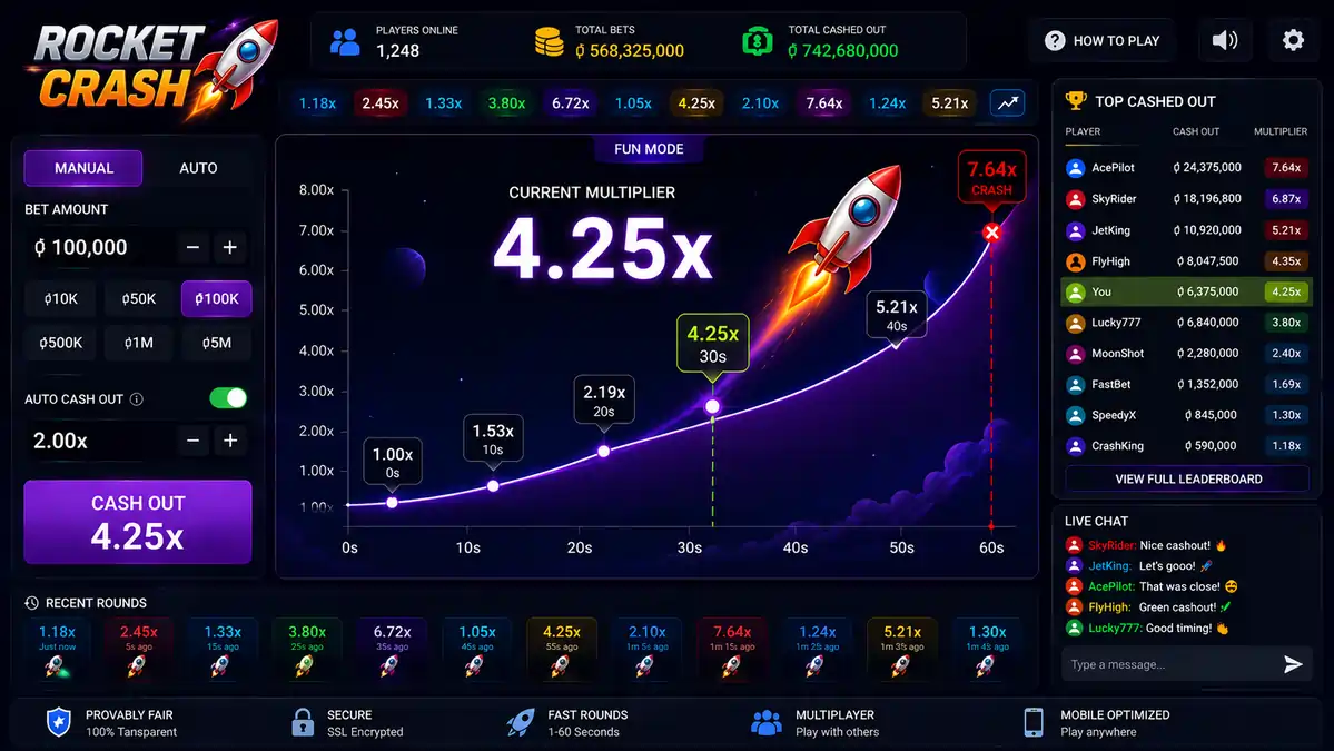Rocket Crash Game with a launching rocket and increasing multiplier.