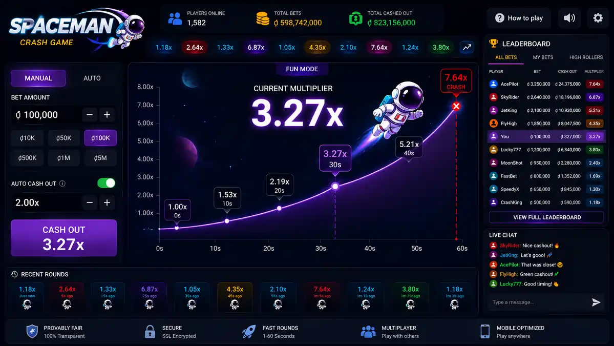 Spaceman Crash Game featuring an astronaut floating through space with a rising multiplier.