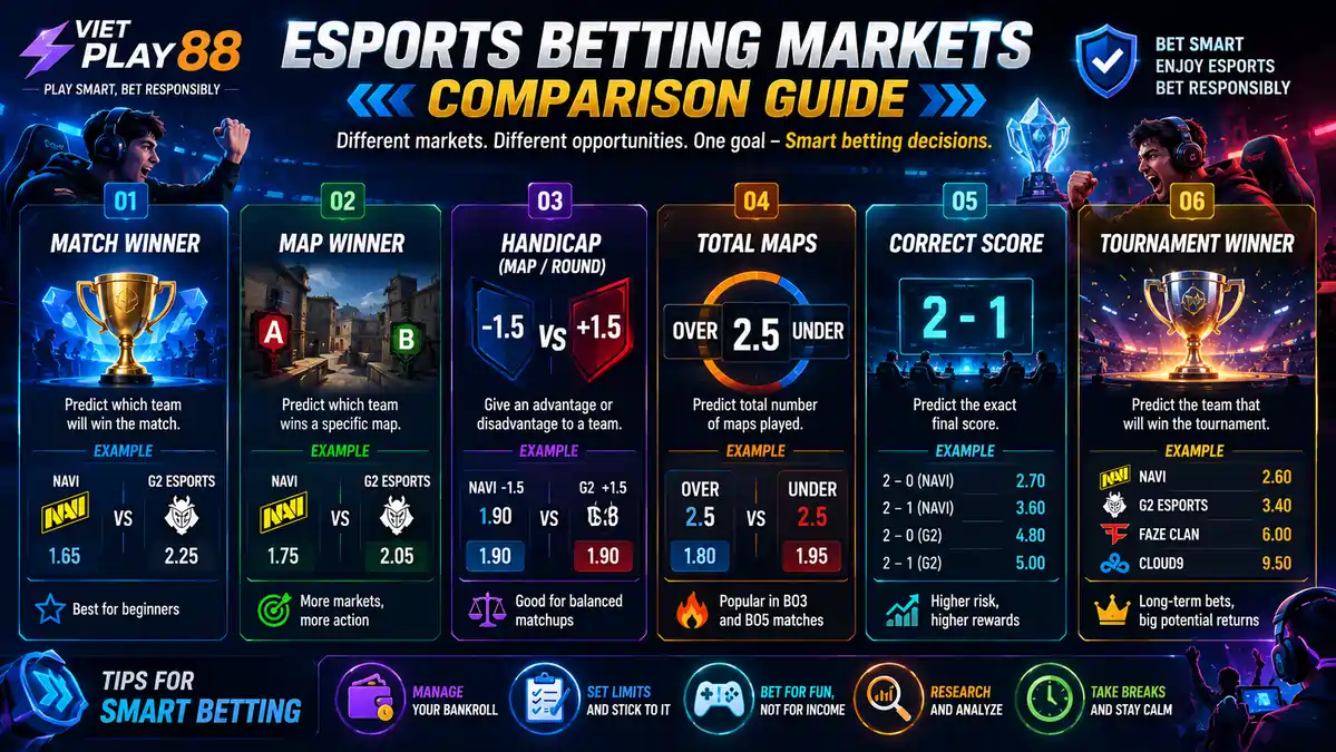 Comparison infographic showing Match Winner, Map Winner, Handicap, Total Maps, Correct Score, and Tournament Winner betting markets side by side.