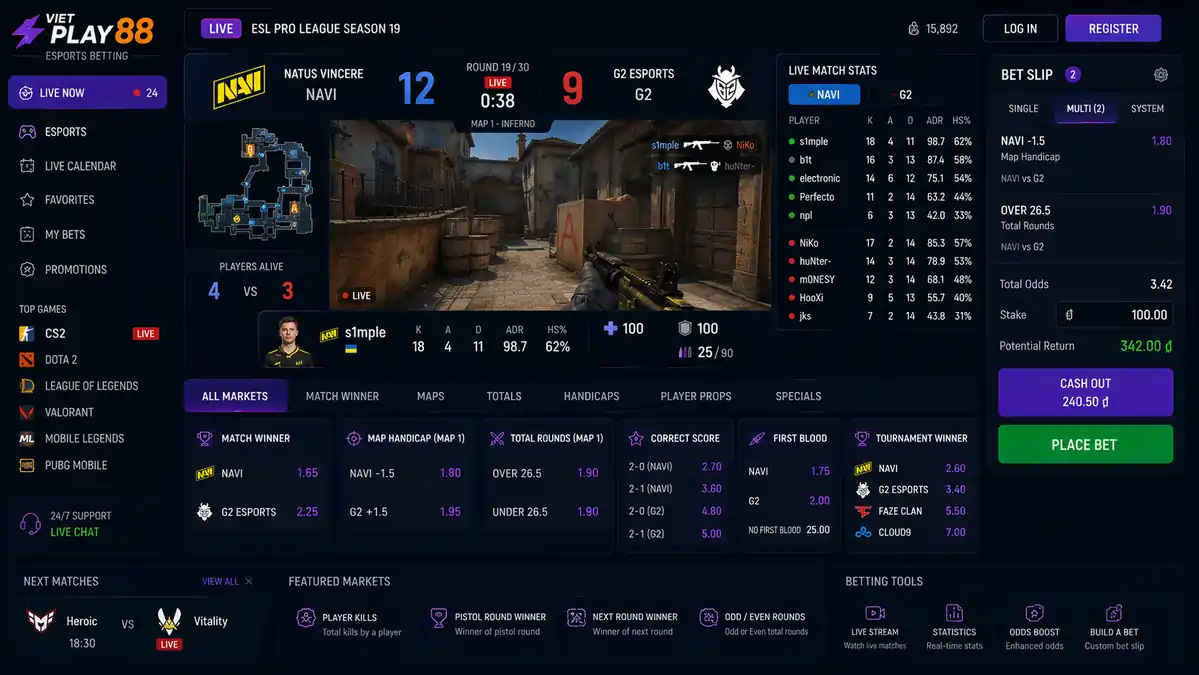 Live esports betting interface displaying an ongoing tournament match, changing odds, live player statistics, Cash Out option, and in-play betting markets.