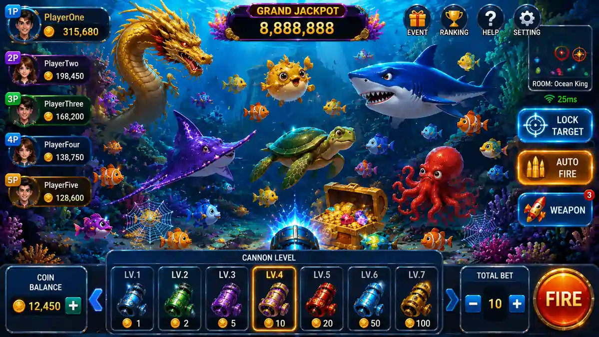 Fish Shooting interface displaying multiple cannon levels, coin balance, Auto Fire, and Lock Target controls.