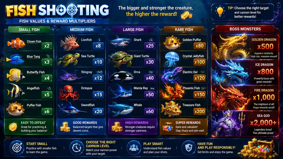 Illustration of different sea creatures with sample reward multipliers, ranging from small tropical fish to giant dragon bosses.