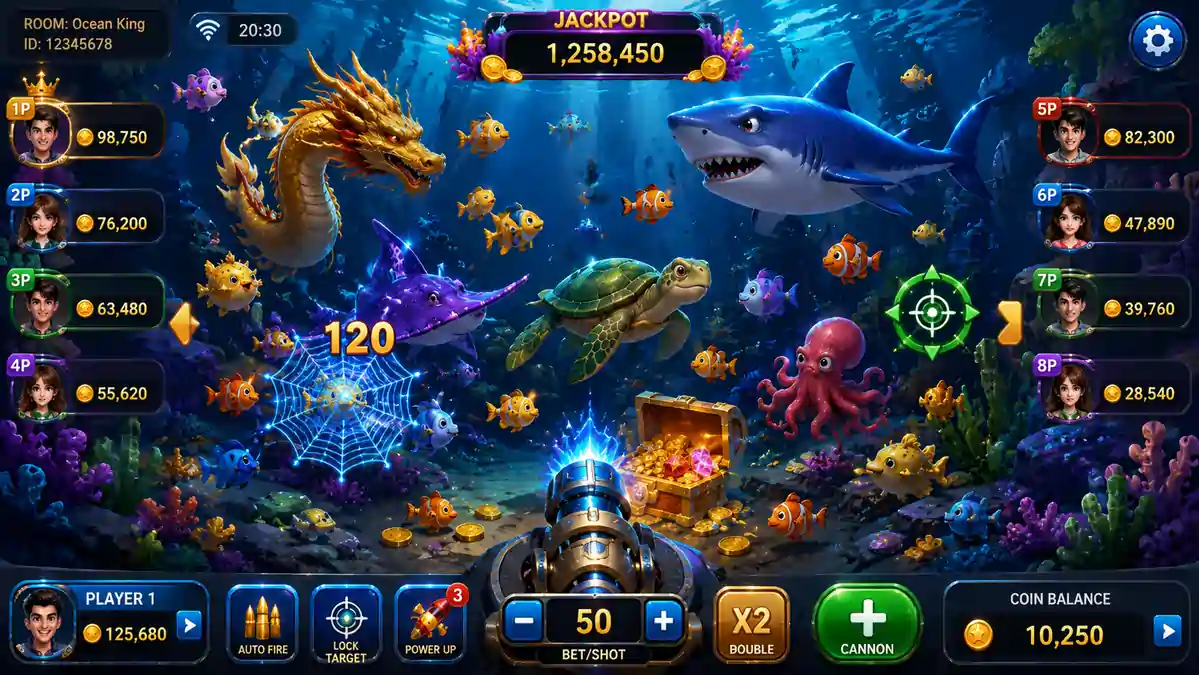 Fish Shooting interface displaying underwater sea creatures, cannon controls, coin balance, and active players.