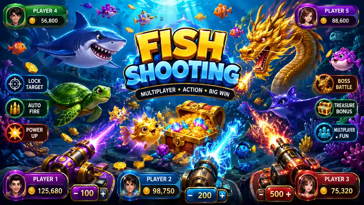 Colorful underwater Fish Shooting game featuring multiple players using powerful cannons to target sharks, turtles, dragons, and treasure fish.