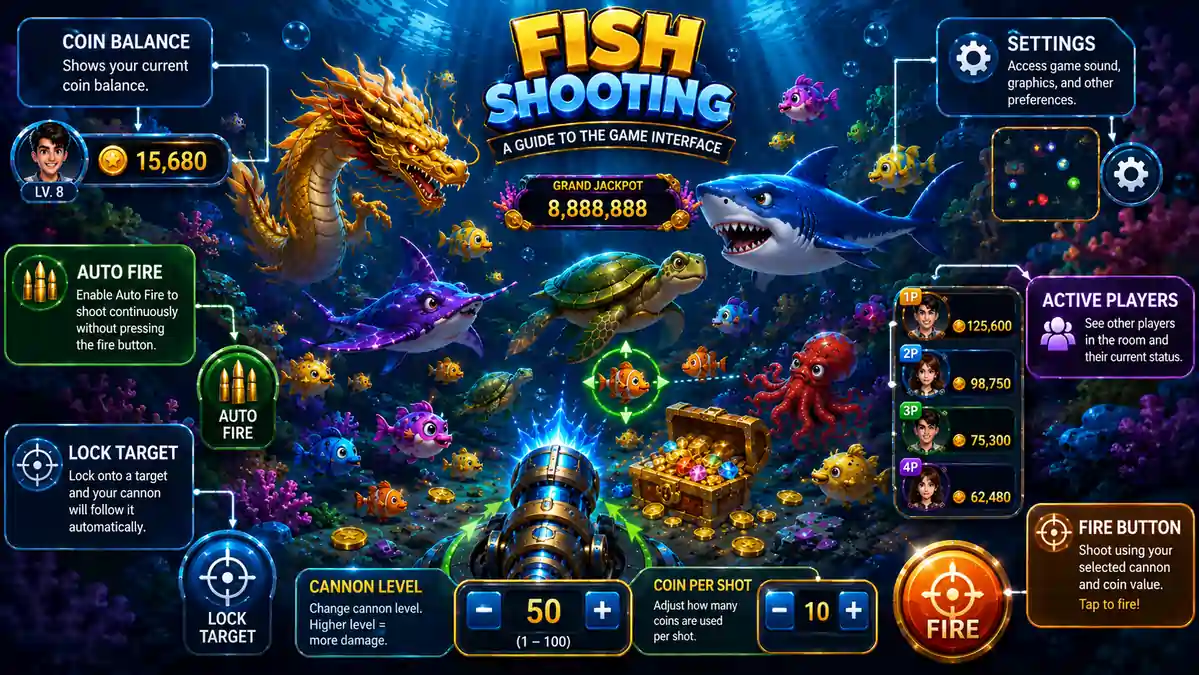 Fish Shooting interface highlighting Cannon Level, Coin Balance, Auto Fire, Lock Target, and Settings.