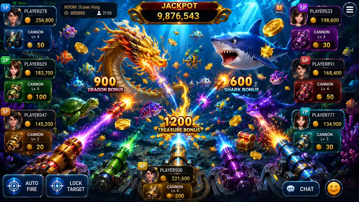 Multiplayer Fish Shooting room with several players using different cannon levels while targeting sharks and dragons.