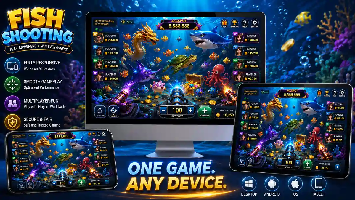 Fish Shooting game displayed on a desktop computer, tablet, and smartphone with the same responsive interface.