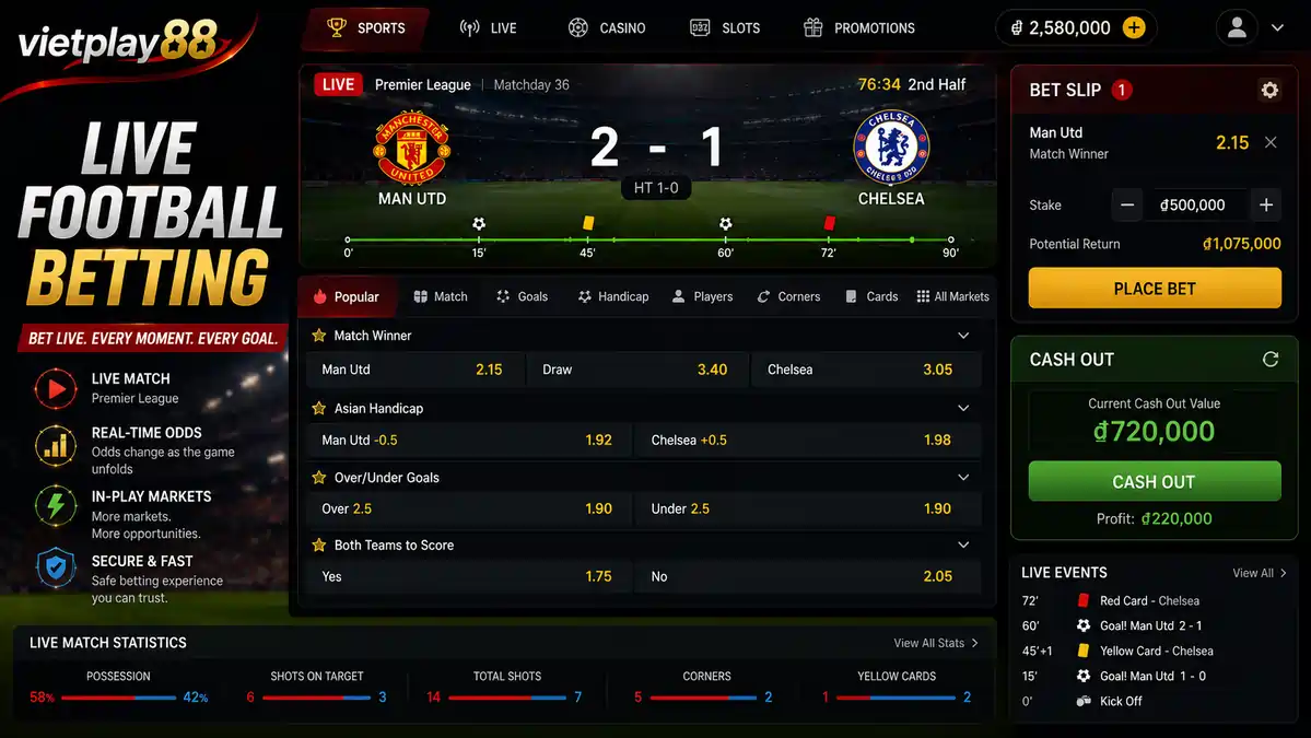 Live football betting interface displaying a live match, changing odds, live statistics, Cash Out option, and in-play betting markets.