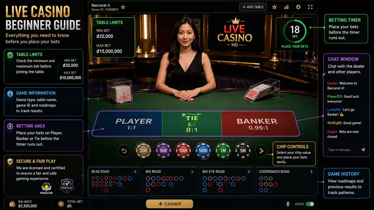 Live casino interface highlighting betting limits, dealer video, betting timer, chat window, chip controls, and table information for new players.