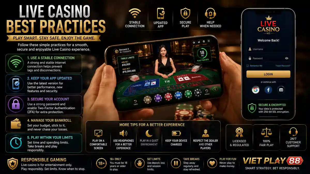 Player using a mobile device to enjoy Live Casino games with a stable connection, updated app, and secure login screen.