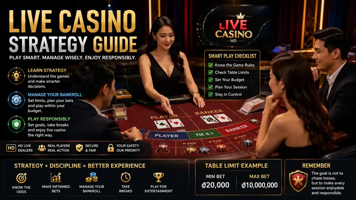 Professional live casino table featuring a live dealer with players reviewing betting strategy, table limits, and responsible bankroll planning before placing bets.