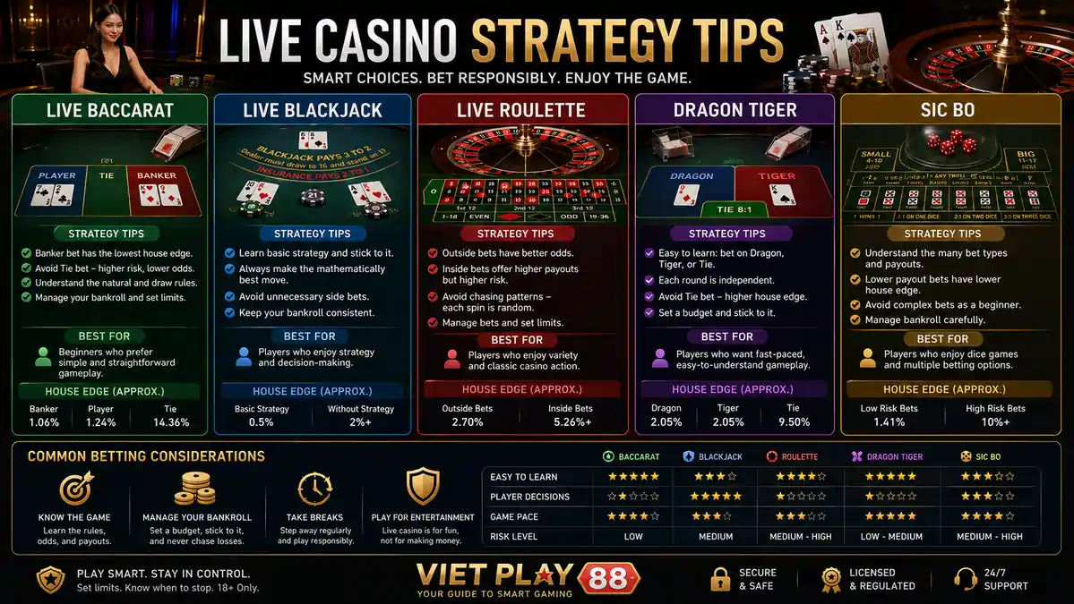 Comparison infographic showing beginner strategy tips for Live Baccarat, Live Blackjack, Live Roulette, Dragon Tiger, and Sic Bo alongside common betting considerations.