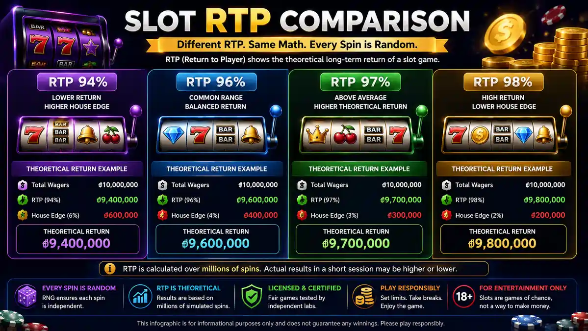 Comparison infographic displaying slot games with different RTP percentages (94%, 96%, 97%, and 98%) alongside theoretical return examples.