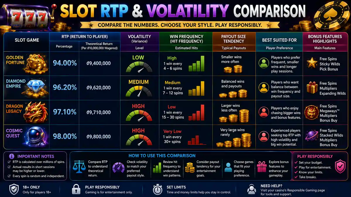 Side-by-side comparison infographic of RTP percentages and Volatility levels across multiple slot games.