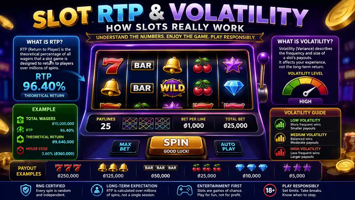 Infographic explaining Slot RTP and Volatility using a modern online slot machine with RTP percentage, volatility meter, paylines, and payout examples.