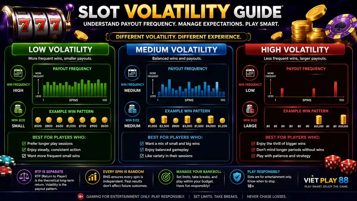 Illustration comparing low, medium, and high volatility slot games using payout frequency graphs and example win sizes.