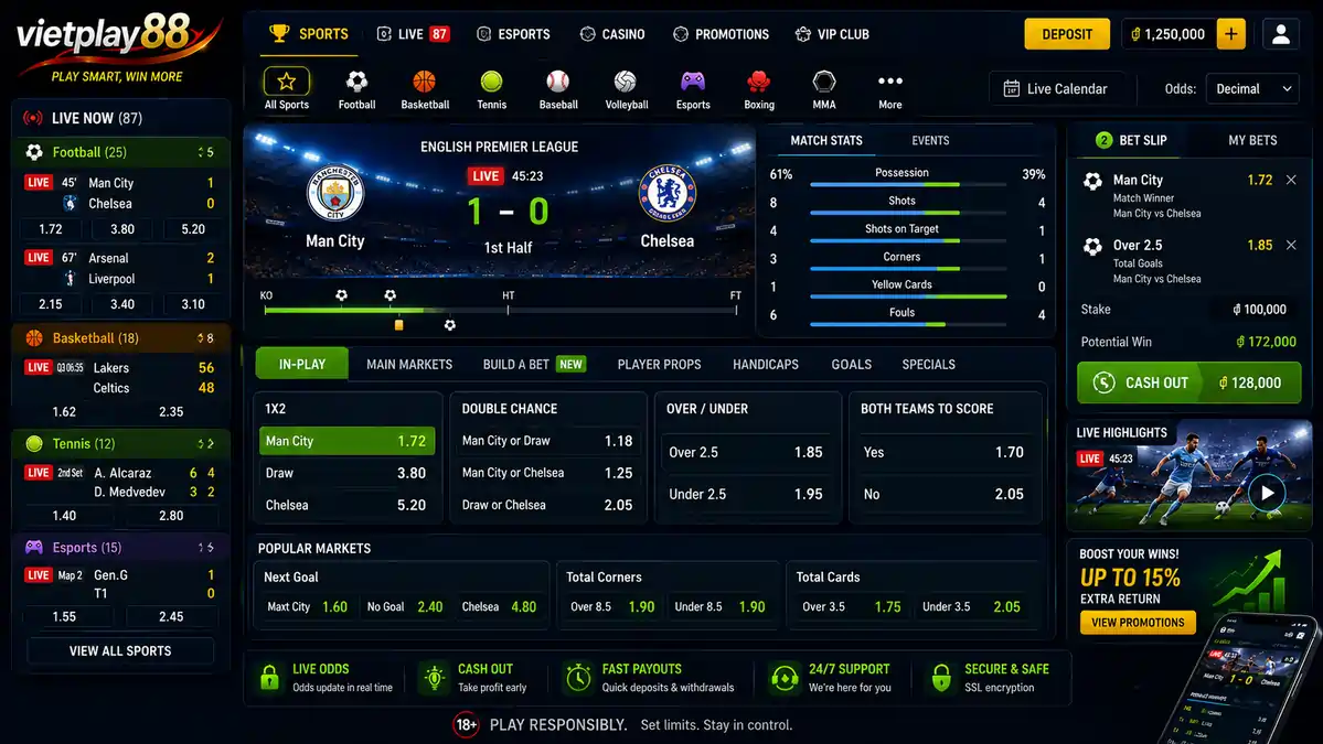 Live sportsbook interface displaying multiple sporting events with changing odds, Cash Out option, live statistics, and in-play betting markets.