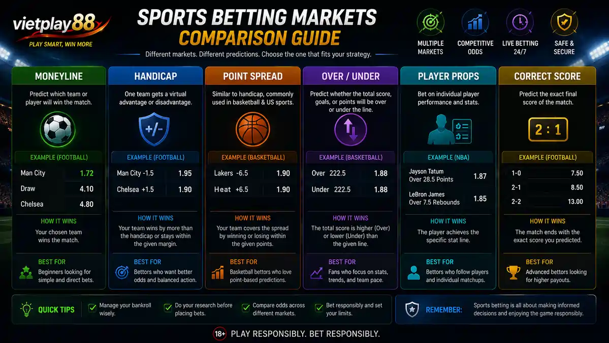 Comparison infographic showing Moneyline, Handicap, Point Spread, Over/Under, Player Props, and Correct Score betting markets side by side.