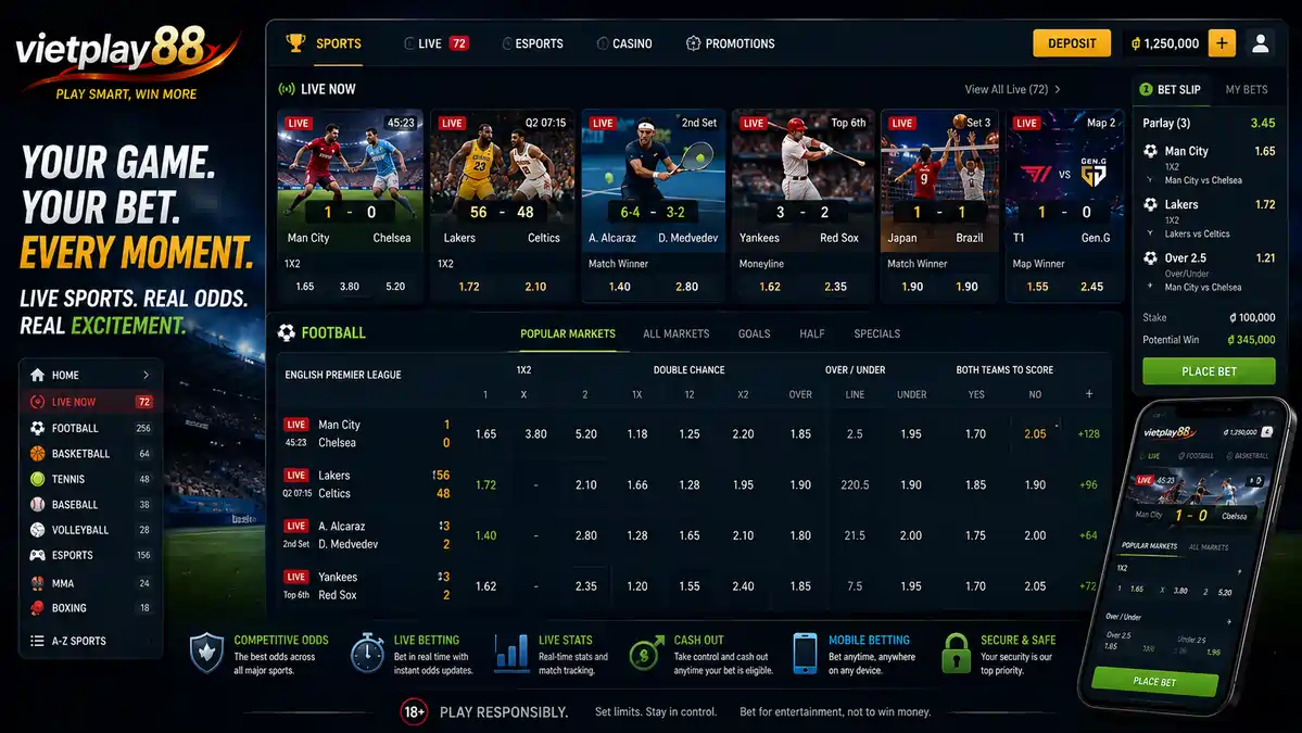 Modern sportsbook interface displaying multiple live sports including football, basketball, tennis, baseball, volleyball, and esports with live odds, betting markets, and match statistics.