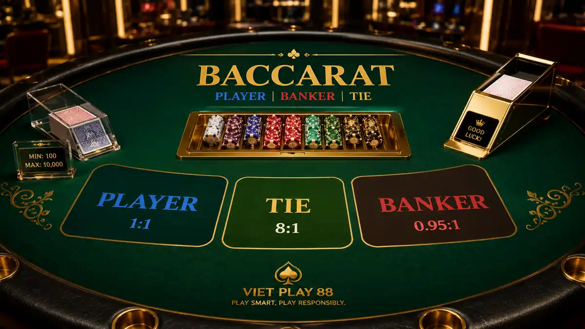 Professional Baccarat table showing Player and Banker betting areas.
