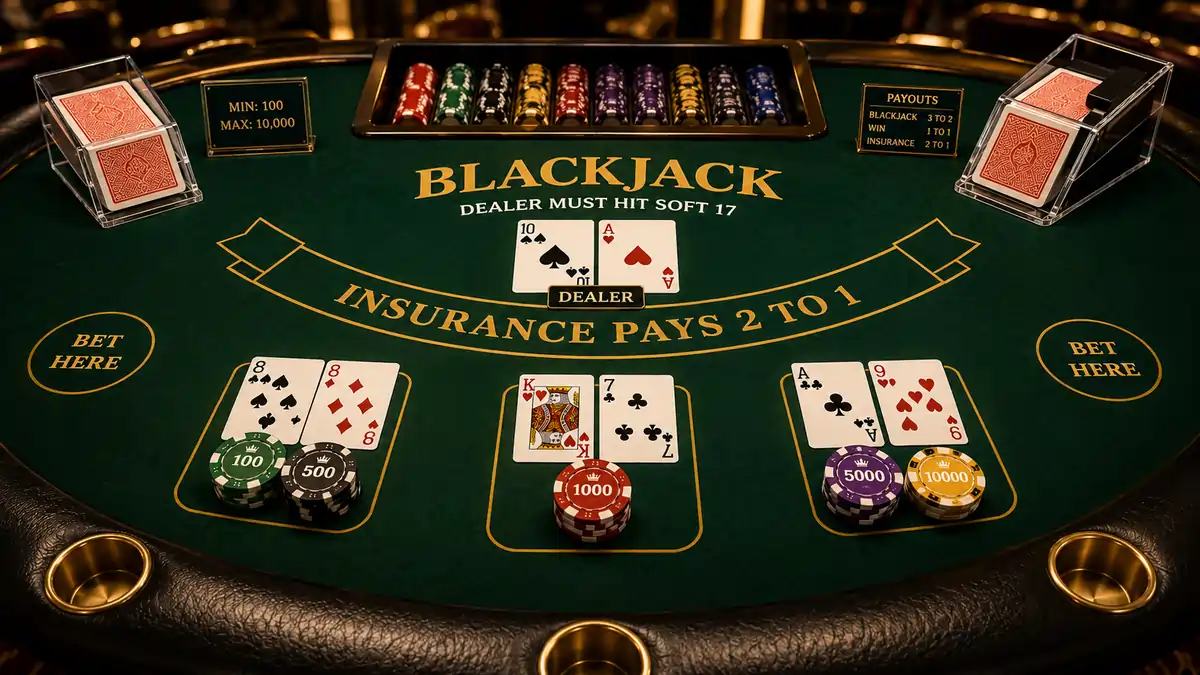 Blackjack table showing player cards, dealer cards, betting chips, and game layout.