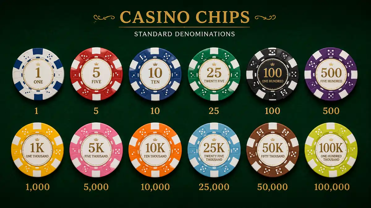 Different colored casino chips arranged by value.