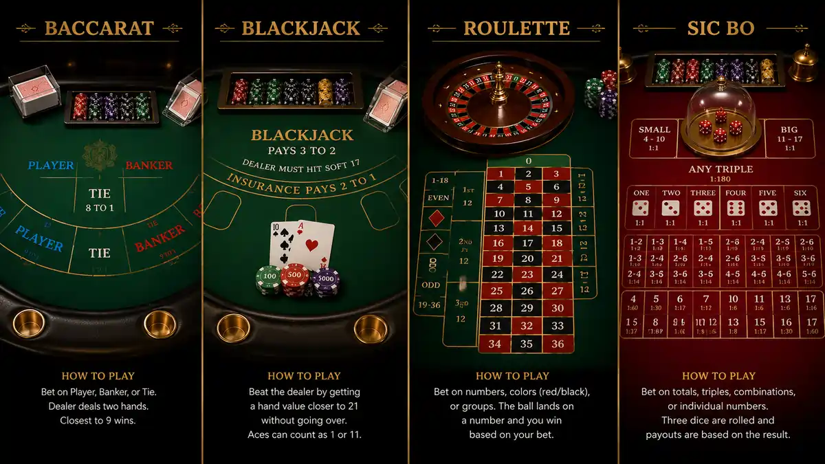 Casino table layouts for Baccarat, Blackjack, Roulette, and Sic Bo displayed side by side.