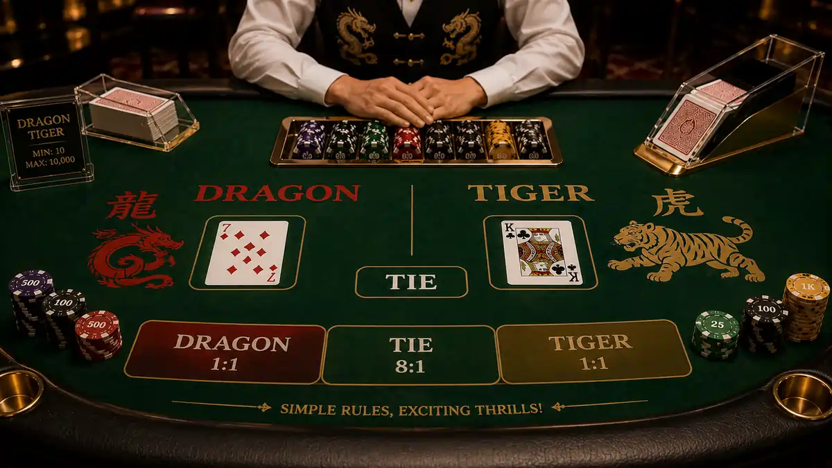 Dragon Tiger table showing Dragon and Tiger card positions with dealer.