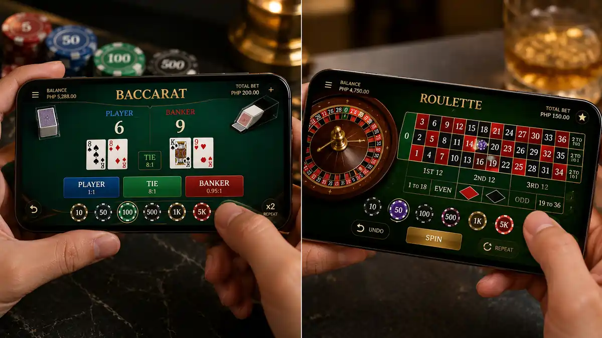 Person playing a mobile table game on a smartphone with Baccarat and Roulette interfaces.